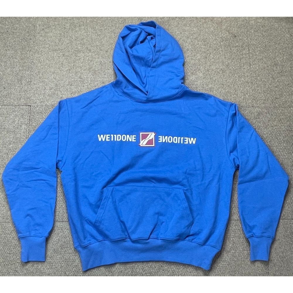 WE11DONE Blue Patched Mirror‎ Logo Men's Long Sleeve Hoodie Size Medium